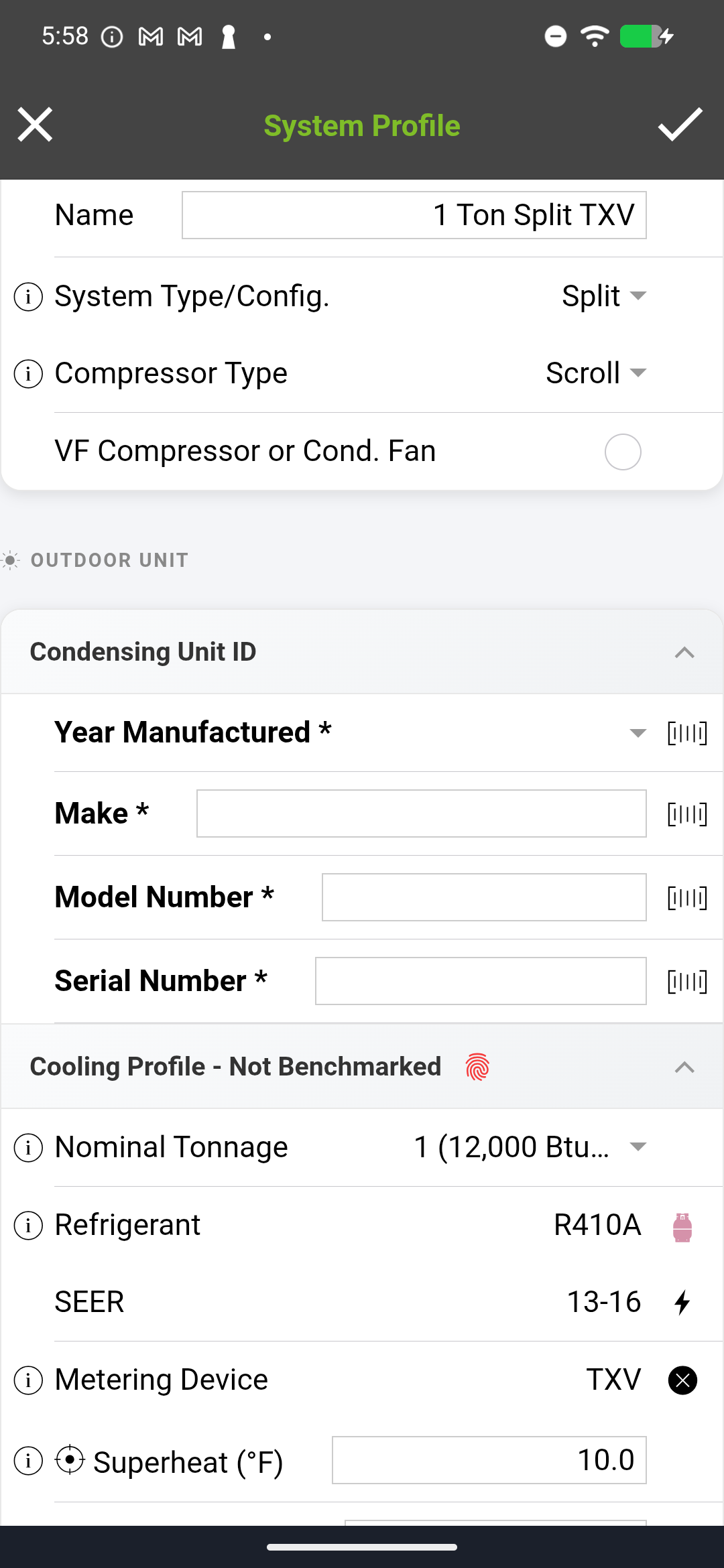 Outdoor Model & Serial Numbers screen showing condenser equipment fields with Nameplate & Equipment Photos section