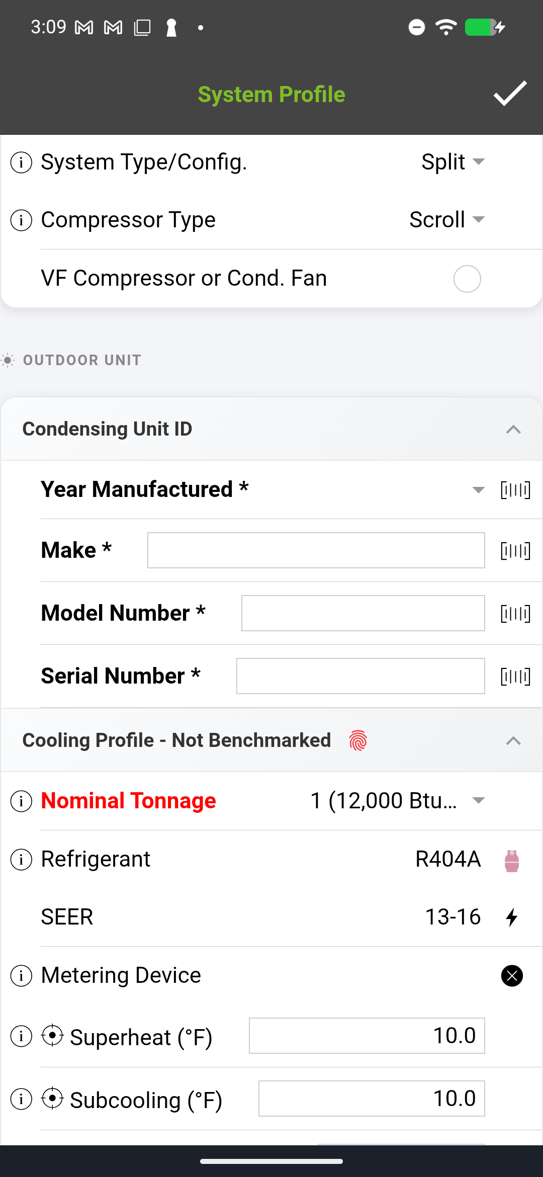 Manufacturer and model number fields with sample data filled in