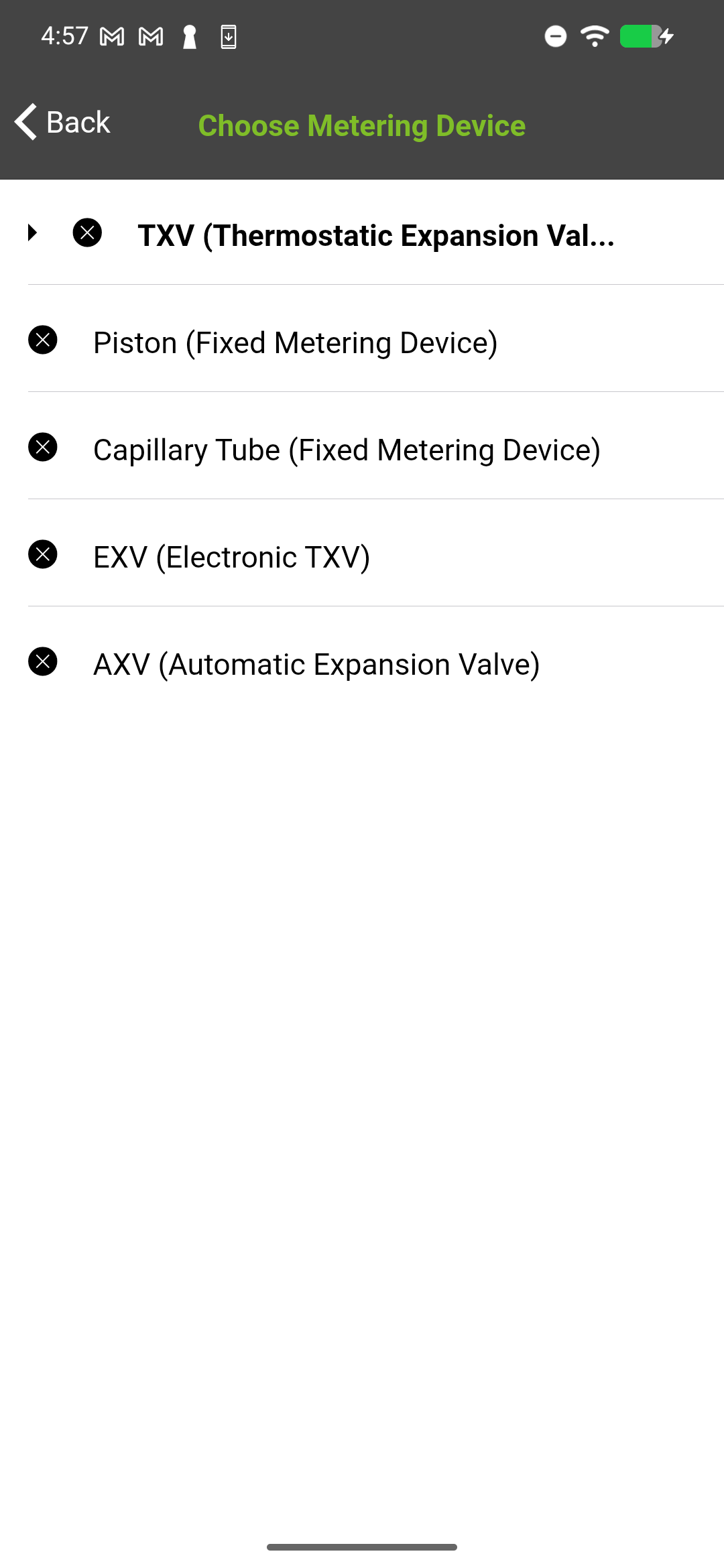 Metering Device selection showing TXV and Fixed Orifice options