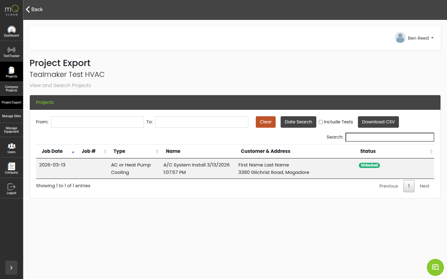 Project Export page with date range filters and CSV download button