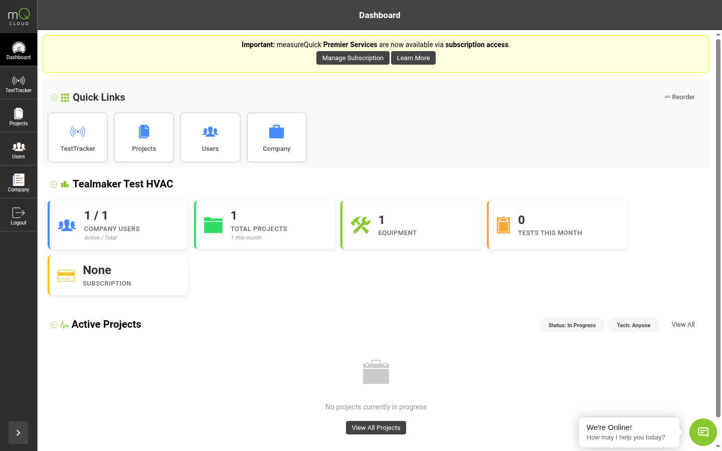 Cloud dashboard showing company summary metrics, active projects, and quick links to TestTracker, Projects, Users, and Company