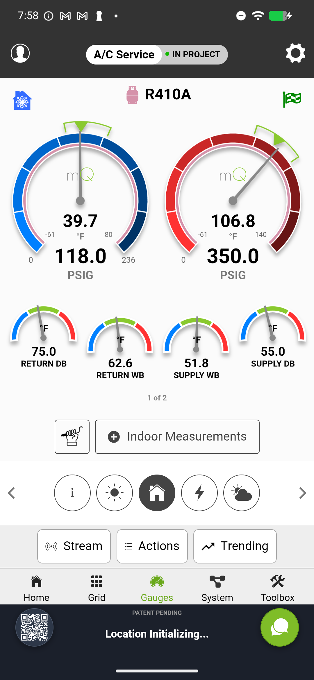 mQ evaporator section showing suction pressure, evaporating temp, suction line temp, superheat, and temperature split