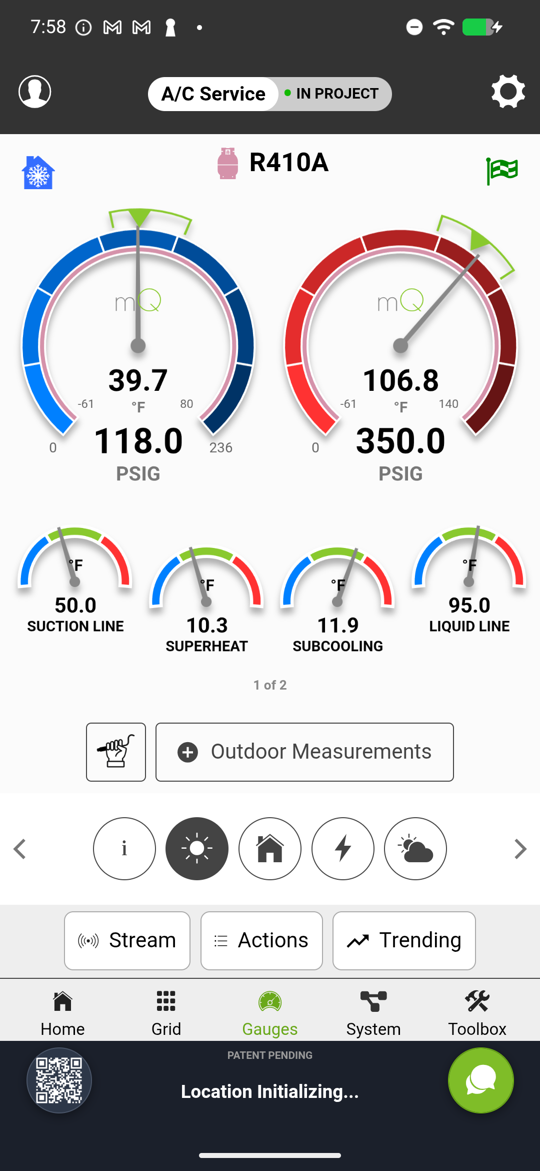 mQ diagnostic screen showing suction pressure, discharge pressure, and compression ratio