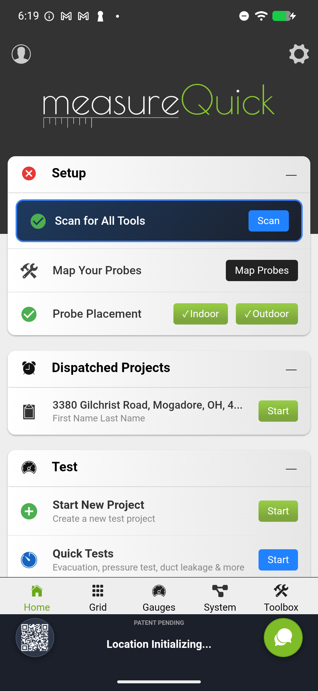 measureQuick home screen after first login, with key areas labeled