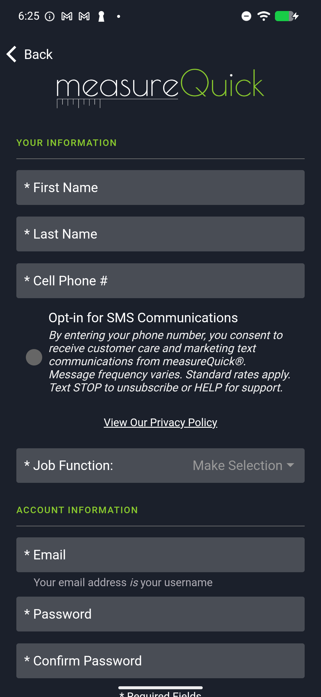 Account creation form with fields filled in