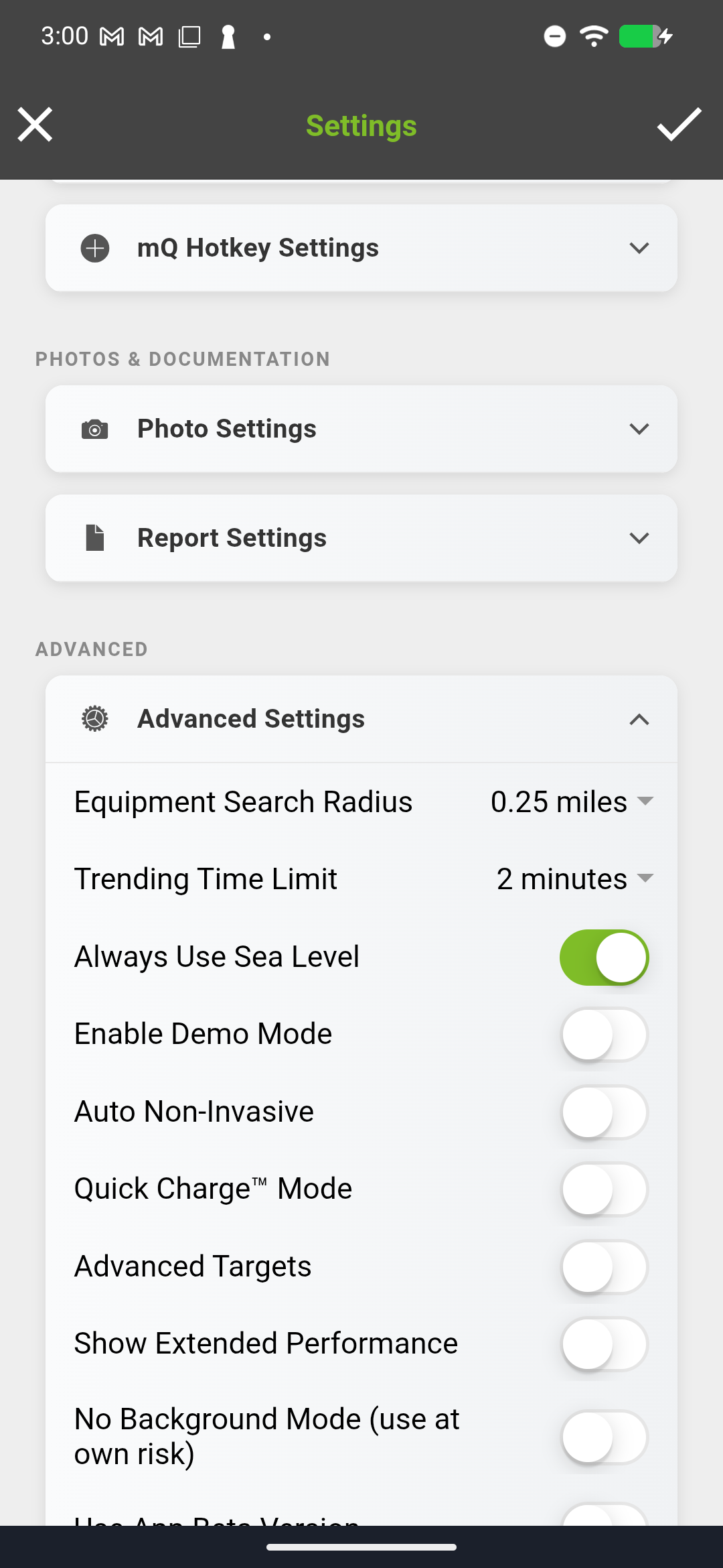 Settings - Advanced Settings with Demo Mode toggle highlighted