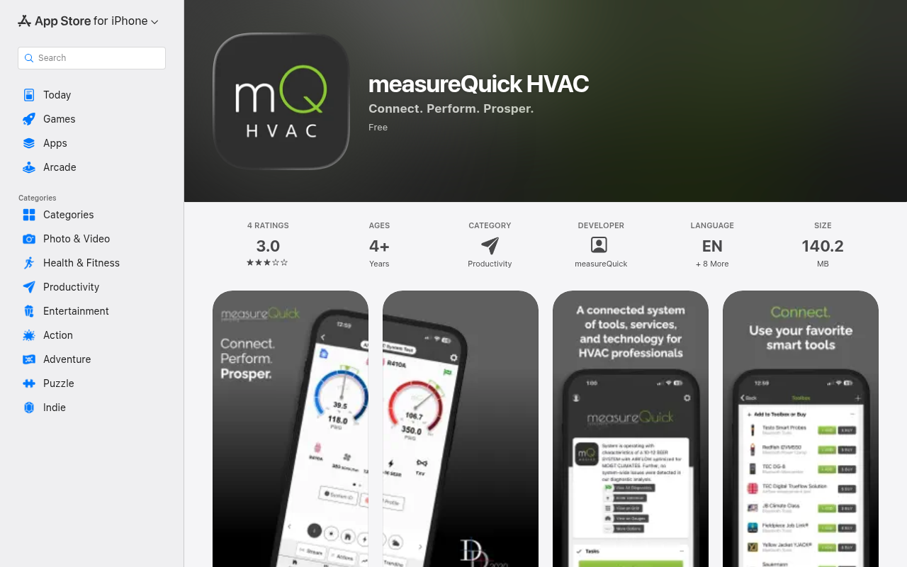 measureQuick HVAC listing in the Apple App Store showing the mQ logo, rating, and Get button