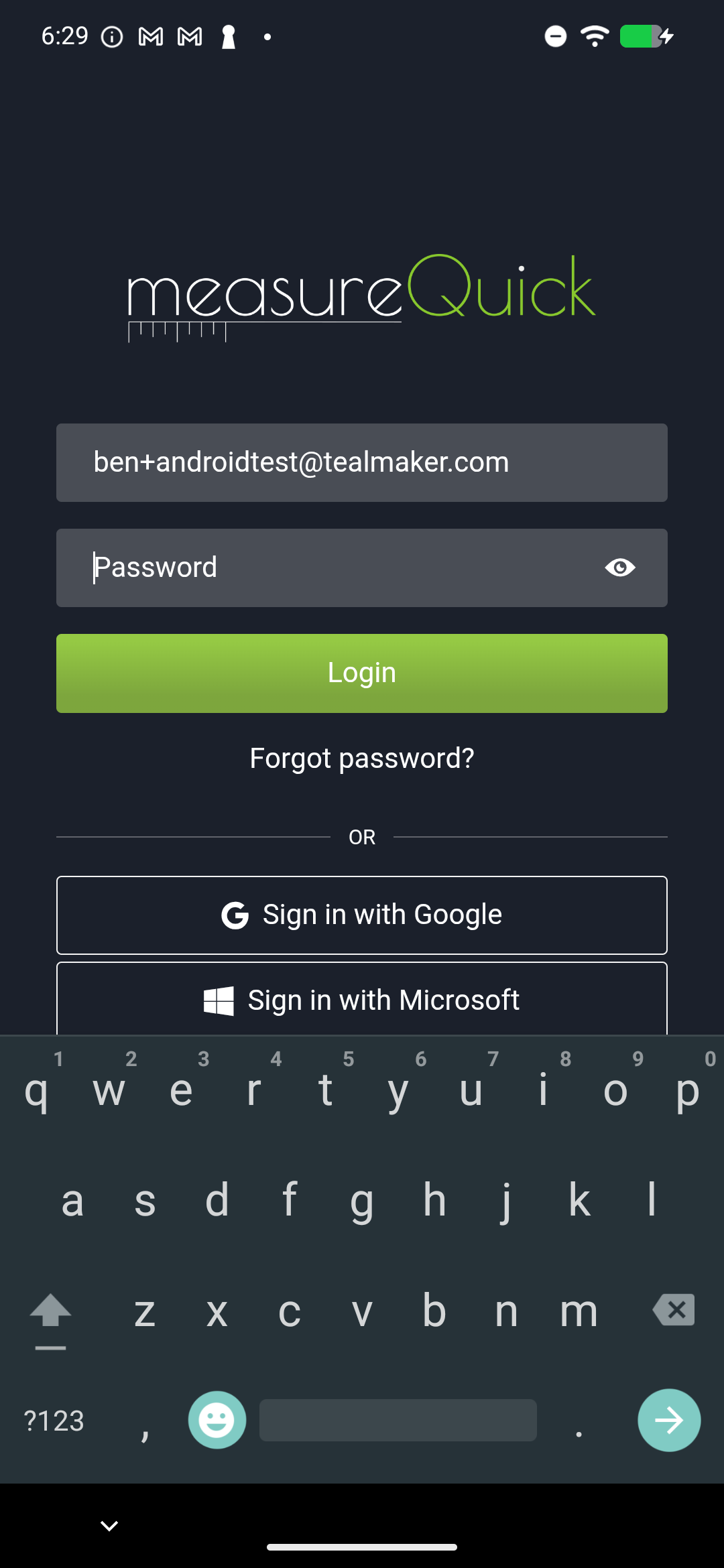 Login screen with email and password fields
