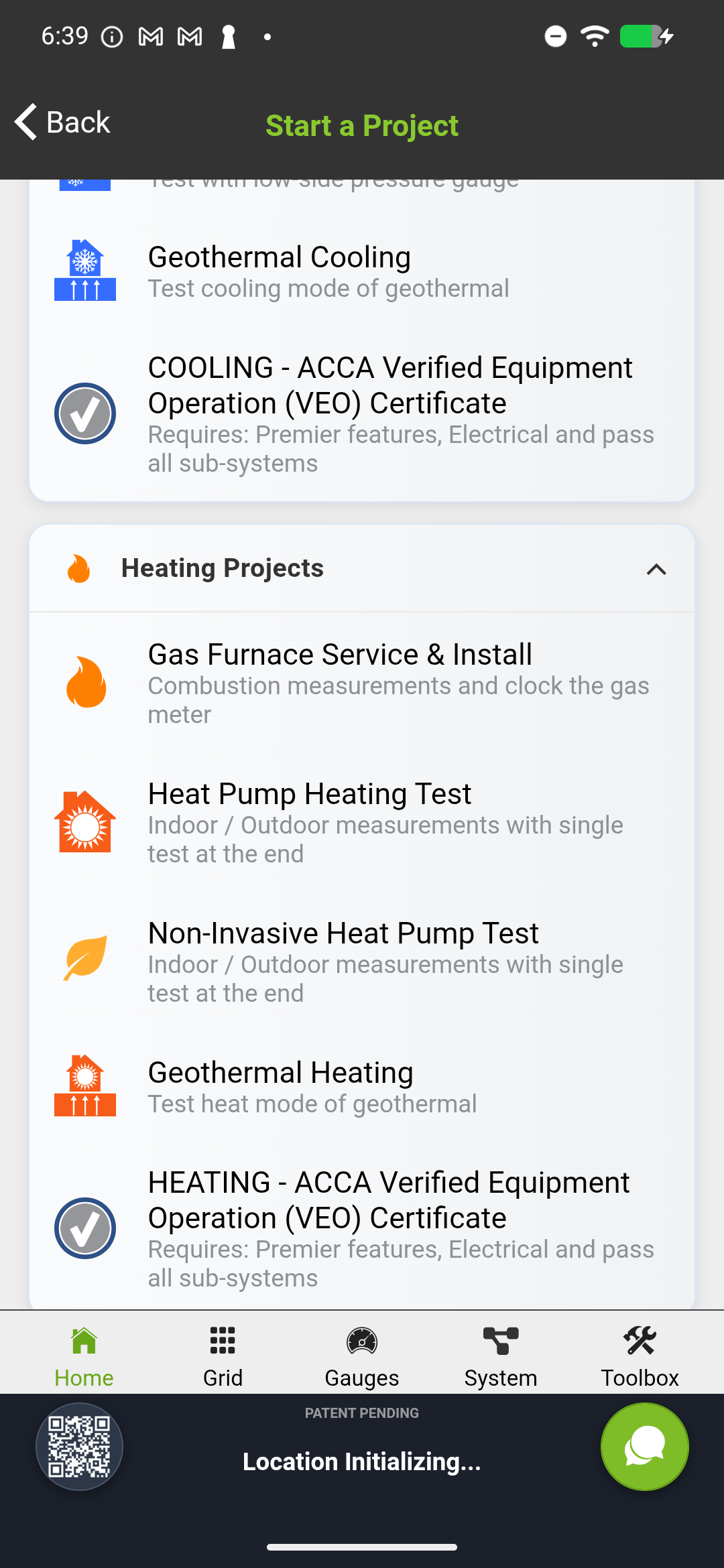 Workflow selection screen showing Heat Pump Heating Test option in the Heating Projects section