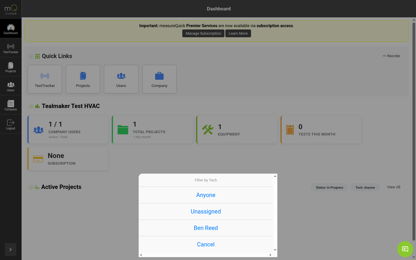 measureQuick Cloud Dashboard with technician filter dropdown showing filter-by-tech options including Anyone, Unassigned, and individual technician names