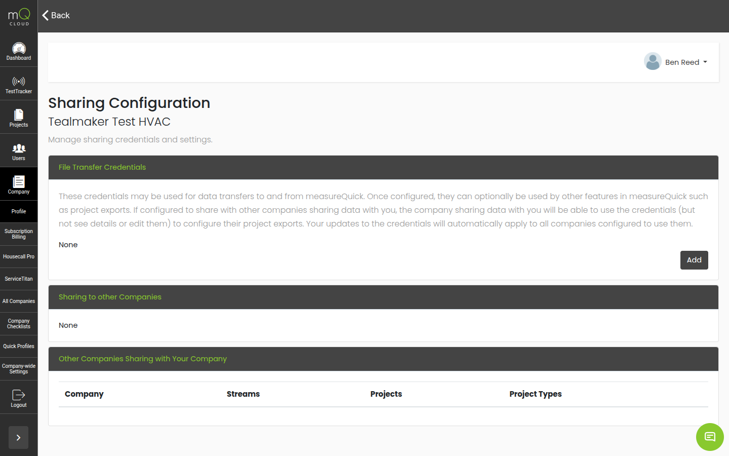 Sharing Configuration page in measureQuick Cloud showing sharing credentials, company sharing settings, and a list of companies sharing with your company