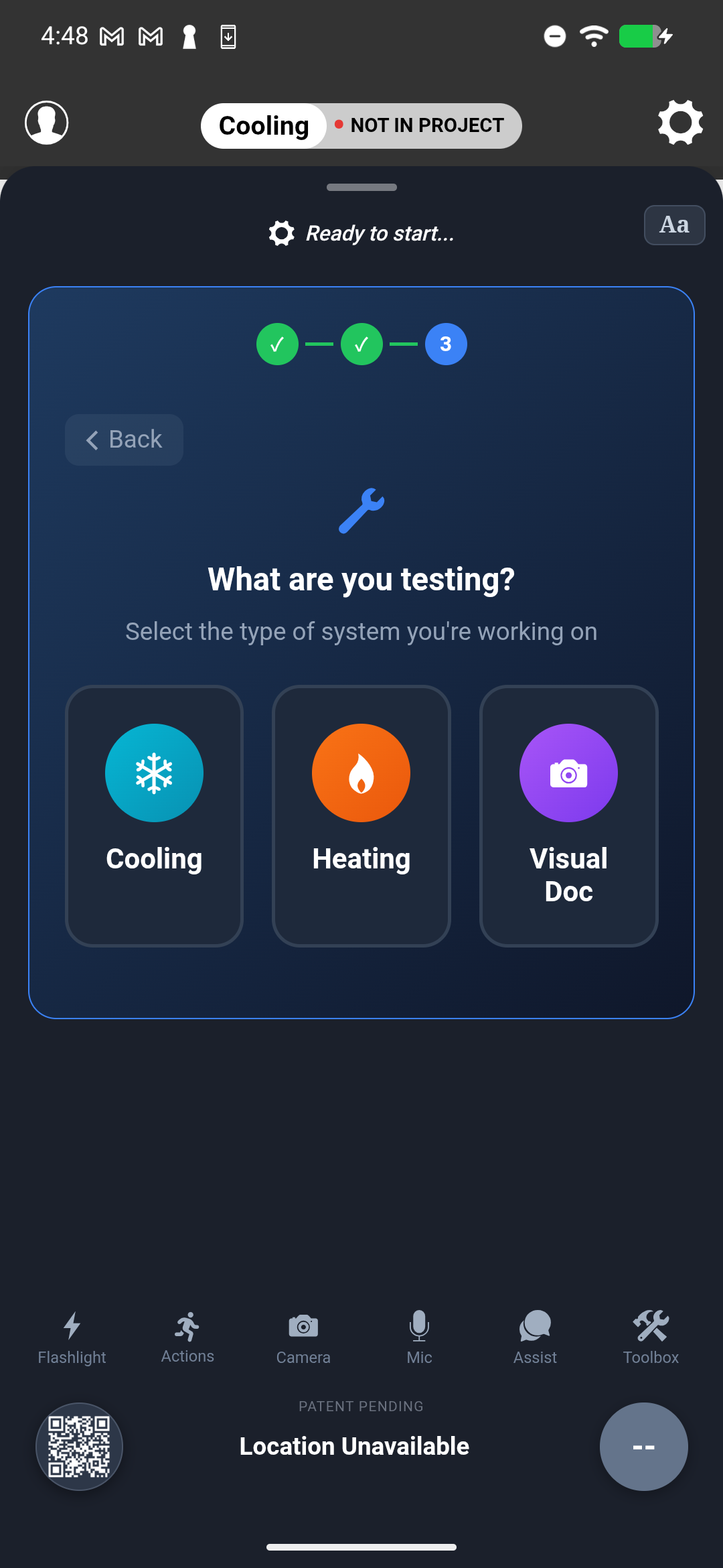 Project type selection showing Cooling, Heating, and Visual Doc options
