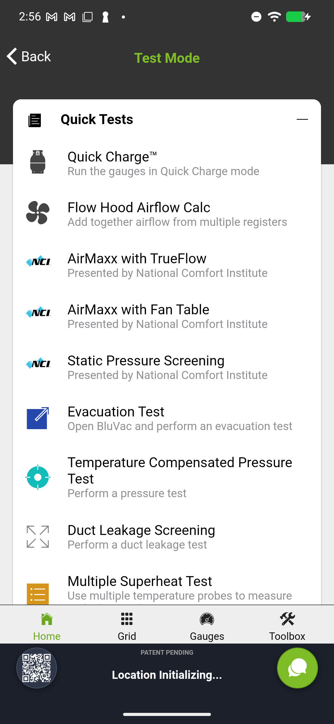 measureQuick Quick Tests menu showing Duct Leakage Screening and other test options
