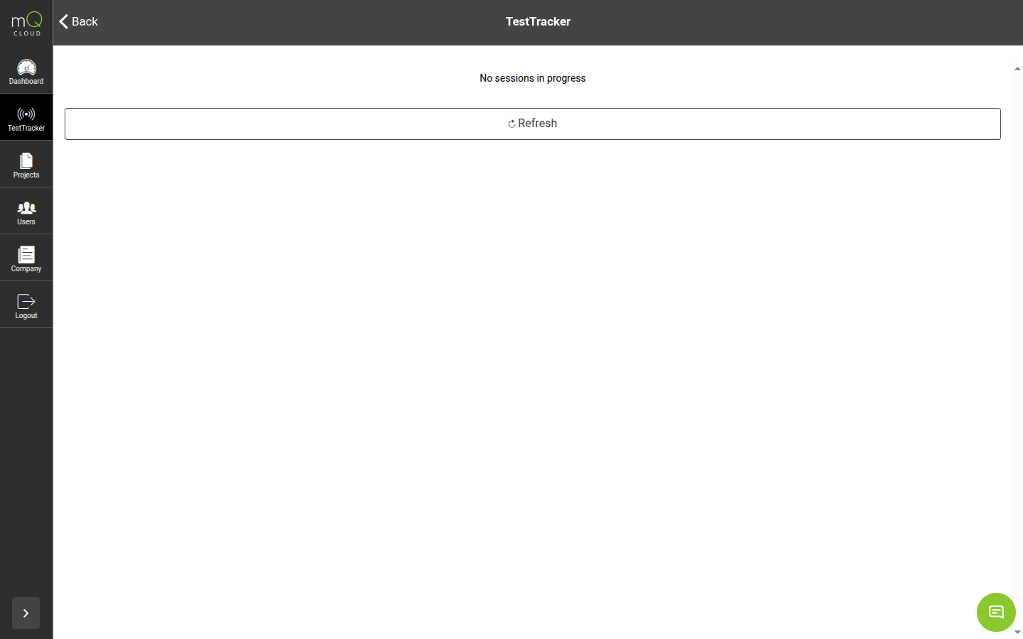 TestTracker page in the cloud portal for monitoring active field test sessions