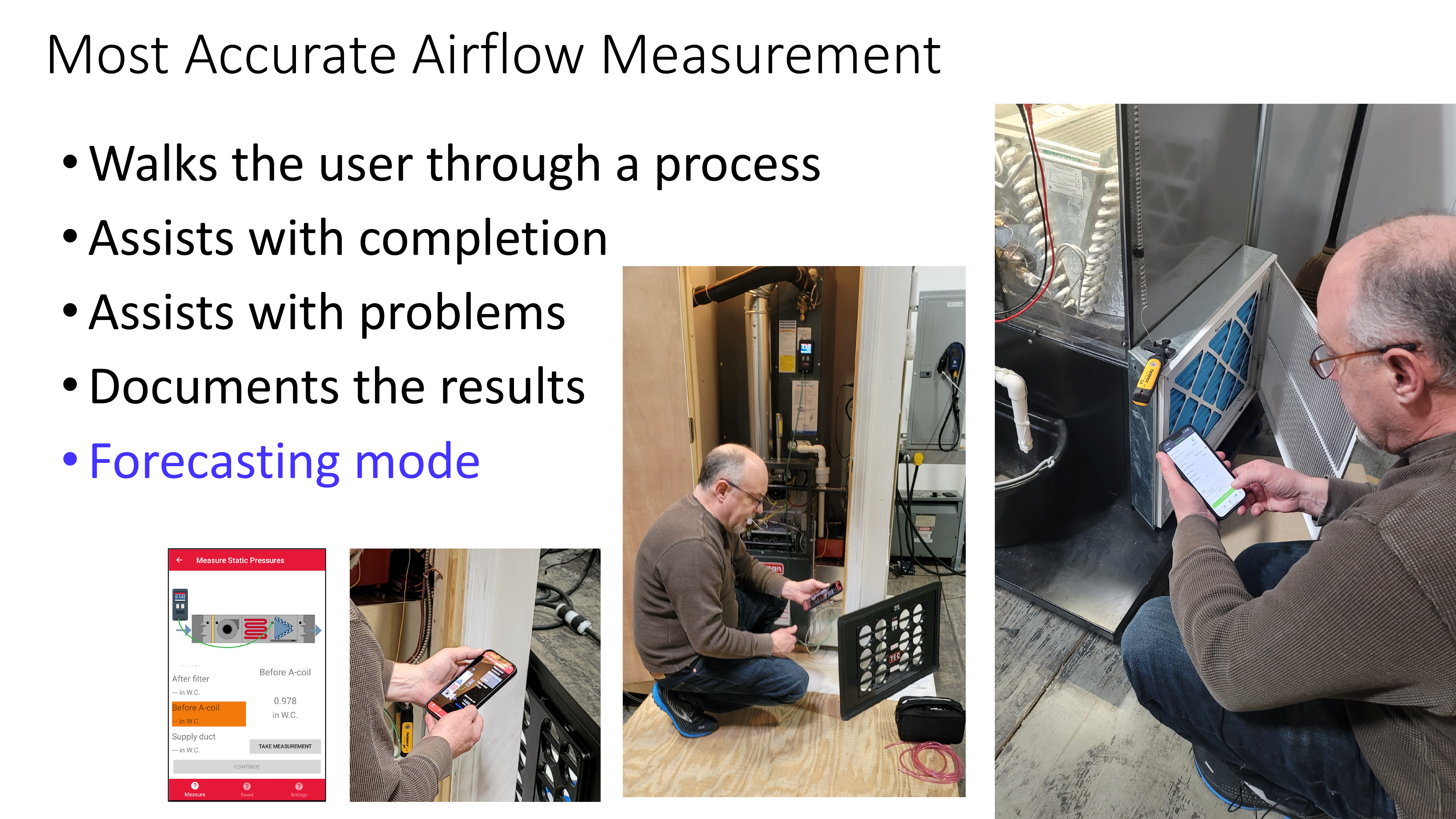 Technician with TrueFlow Grid installed at the air handler filter slot, using a smartphone to operate the TEC app during airflow measurement