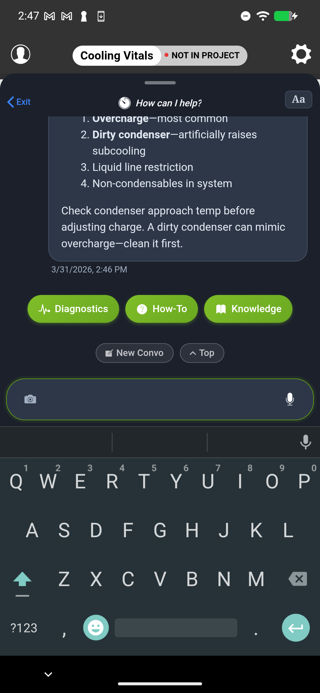 Full AI Assist response showing all four sections - System Analysis, What This Means, Recommended Actions, and Homeowner Explanation - with a low-superheat TXV scenario
