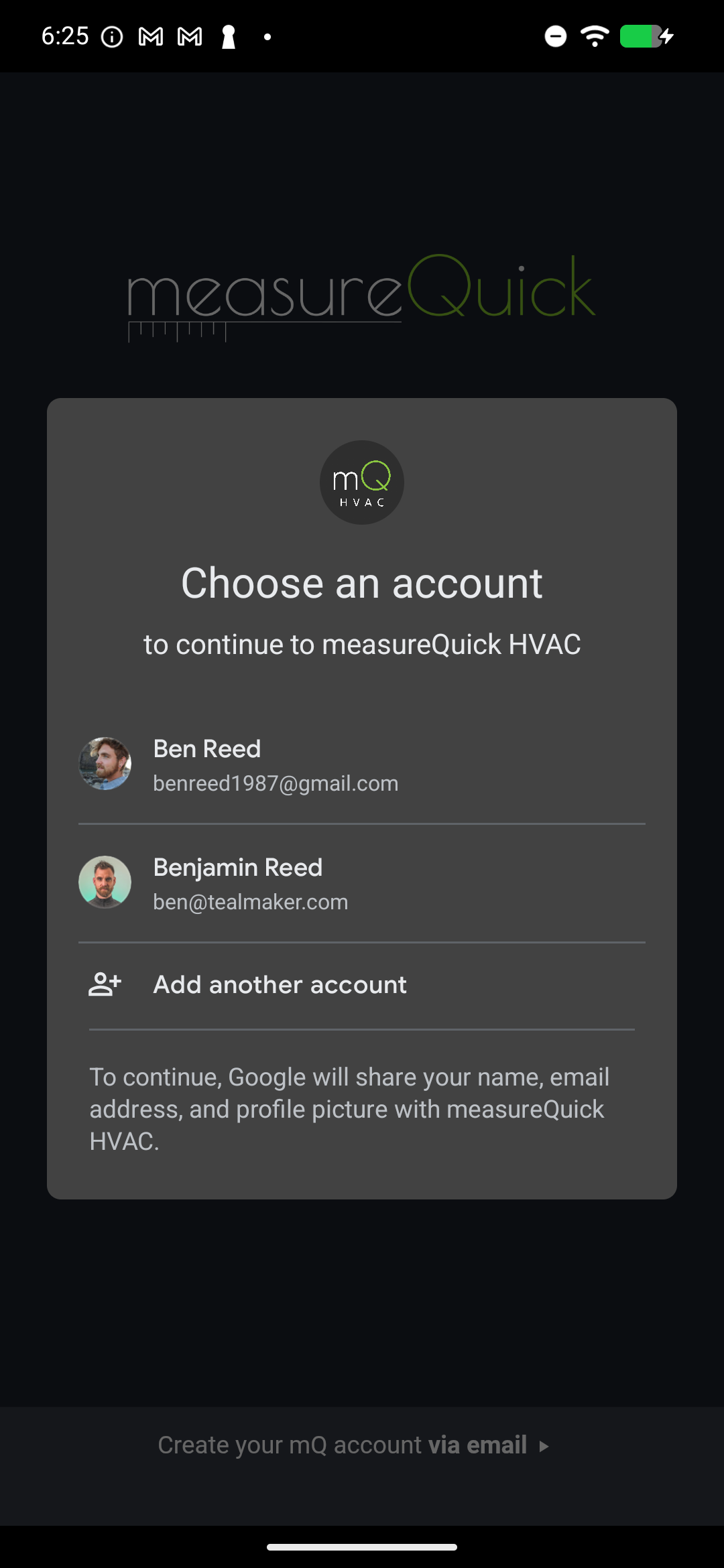 Google sign-in prompt appearing over the measureQuick login screen