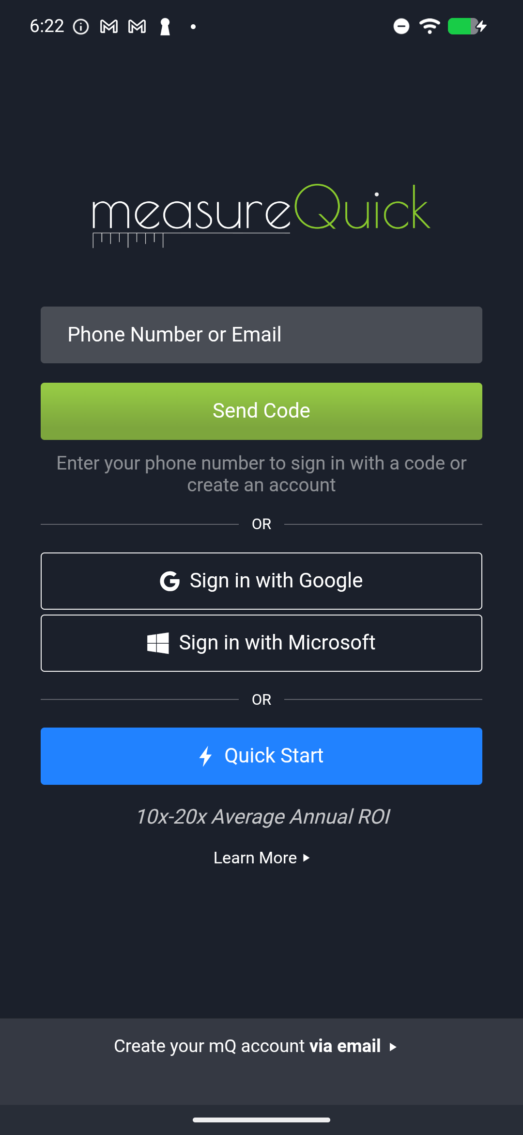 measureQuick login screen with Create Account button highlighted
