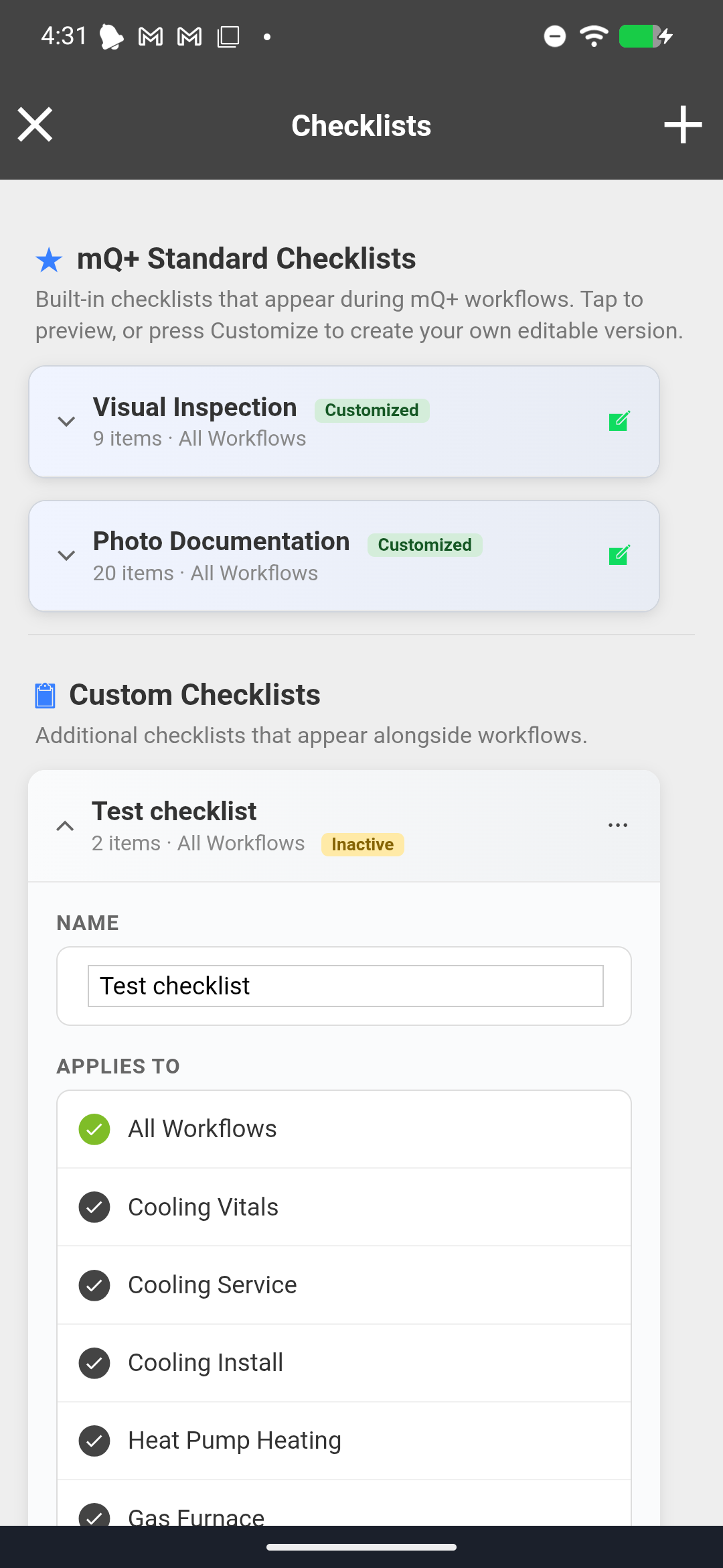 Checklist editor showing the Name field, Applies To list with workflow type options, and other configuration fields