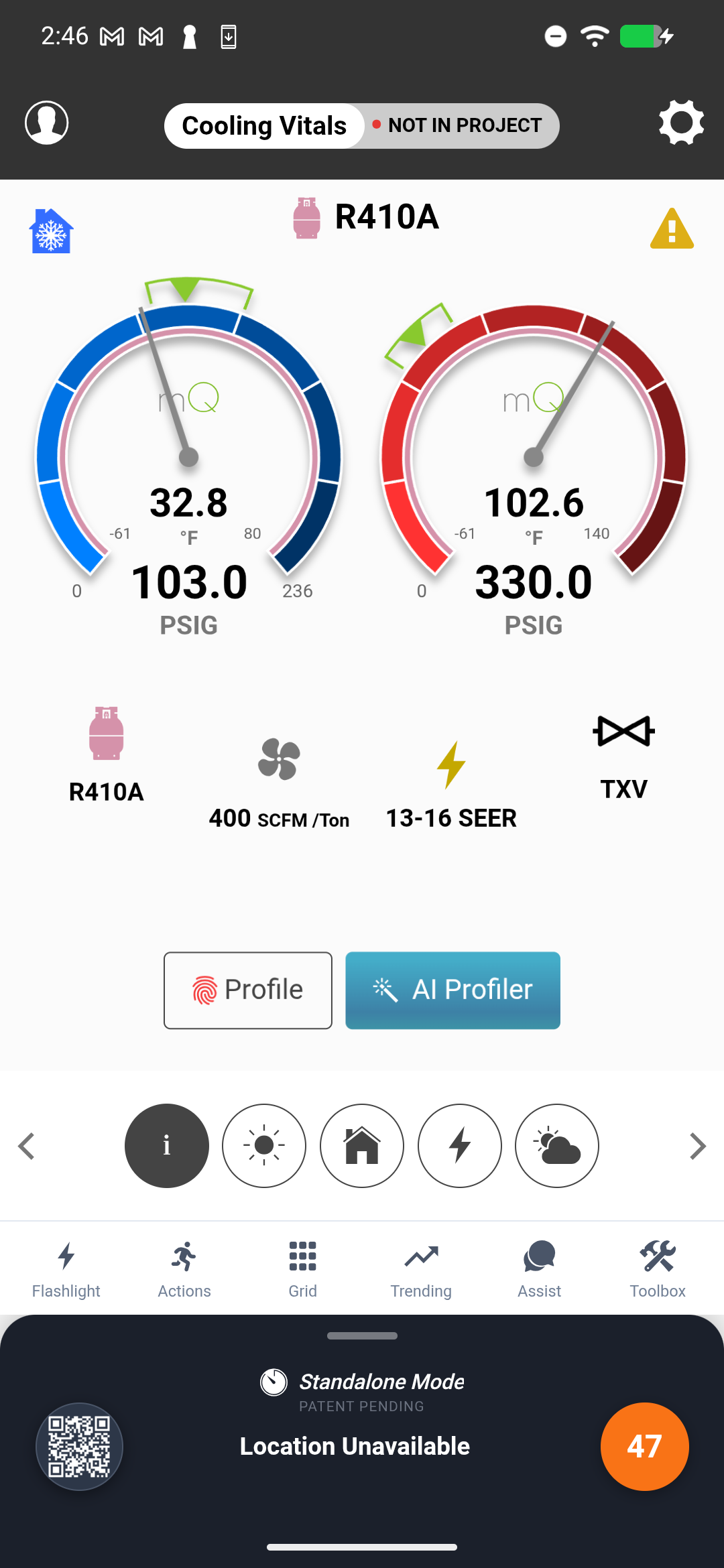 mQ Assist guidance panel showing a diagnostic suggestion based on current live readings