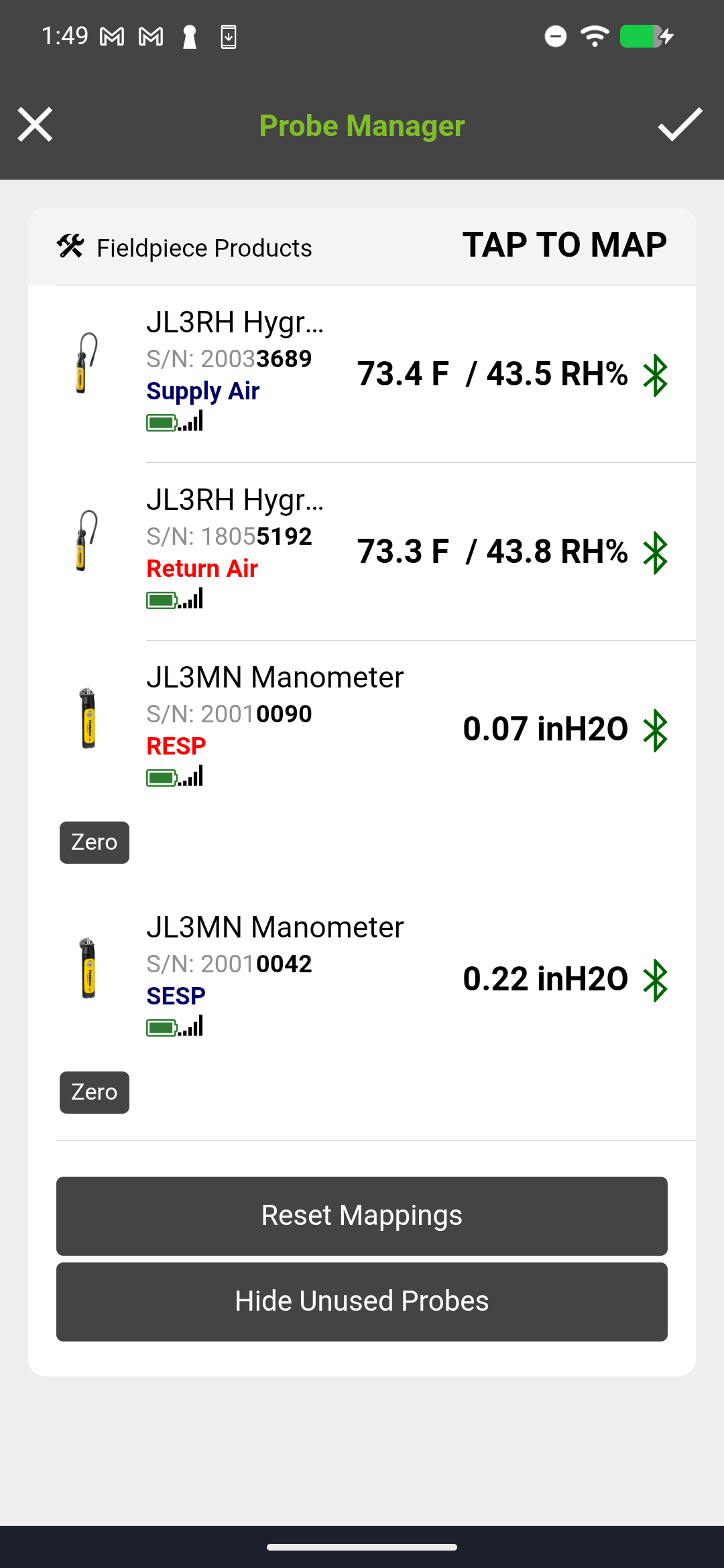 Probe Manager showing connected Fieldpiece tools with live temperature, humidity, and pressure readings