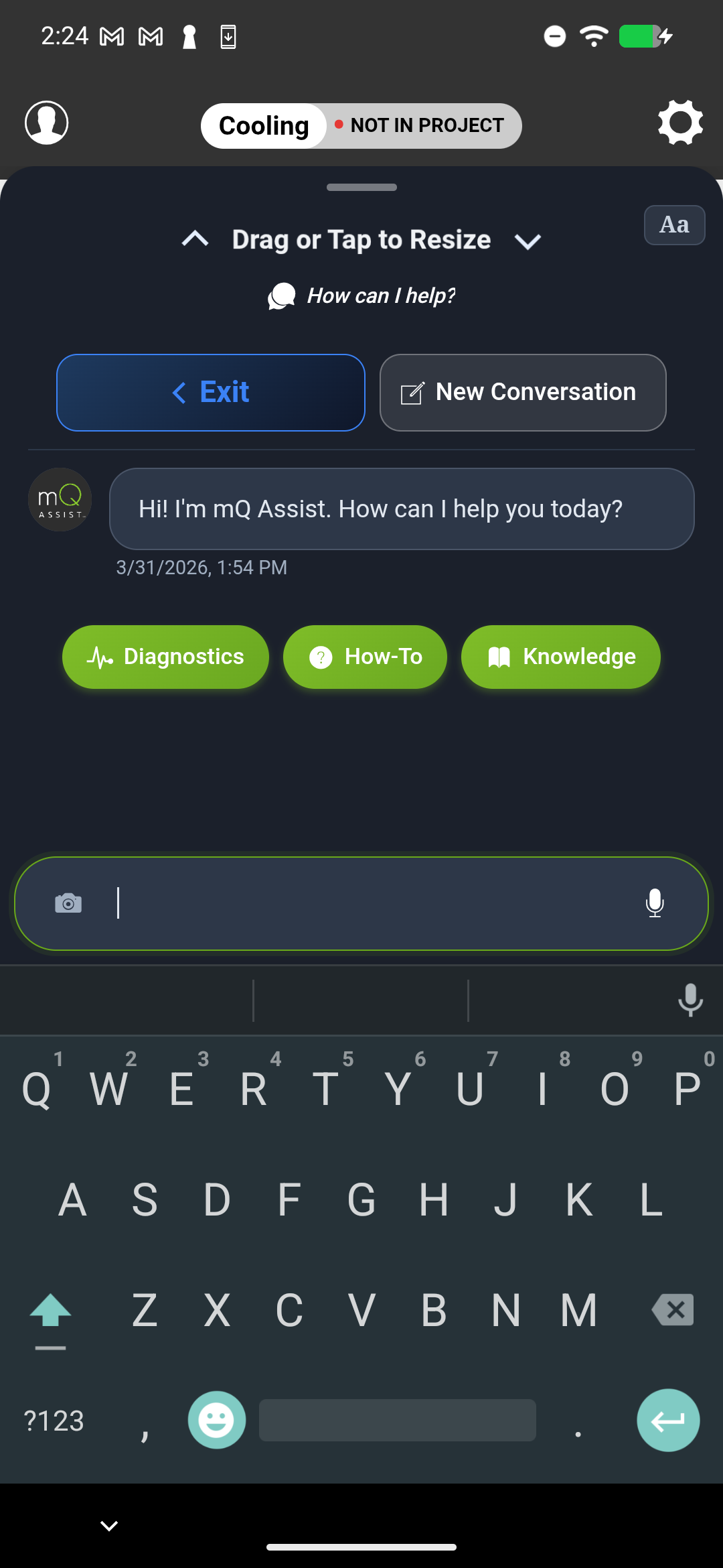 mQ Classic diagnostics screen with the AI Assist button highlighted in the toolbar