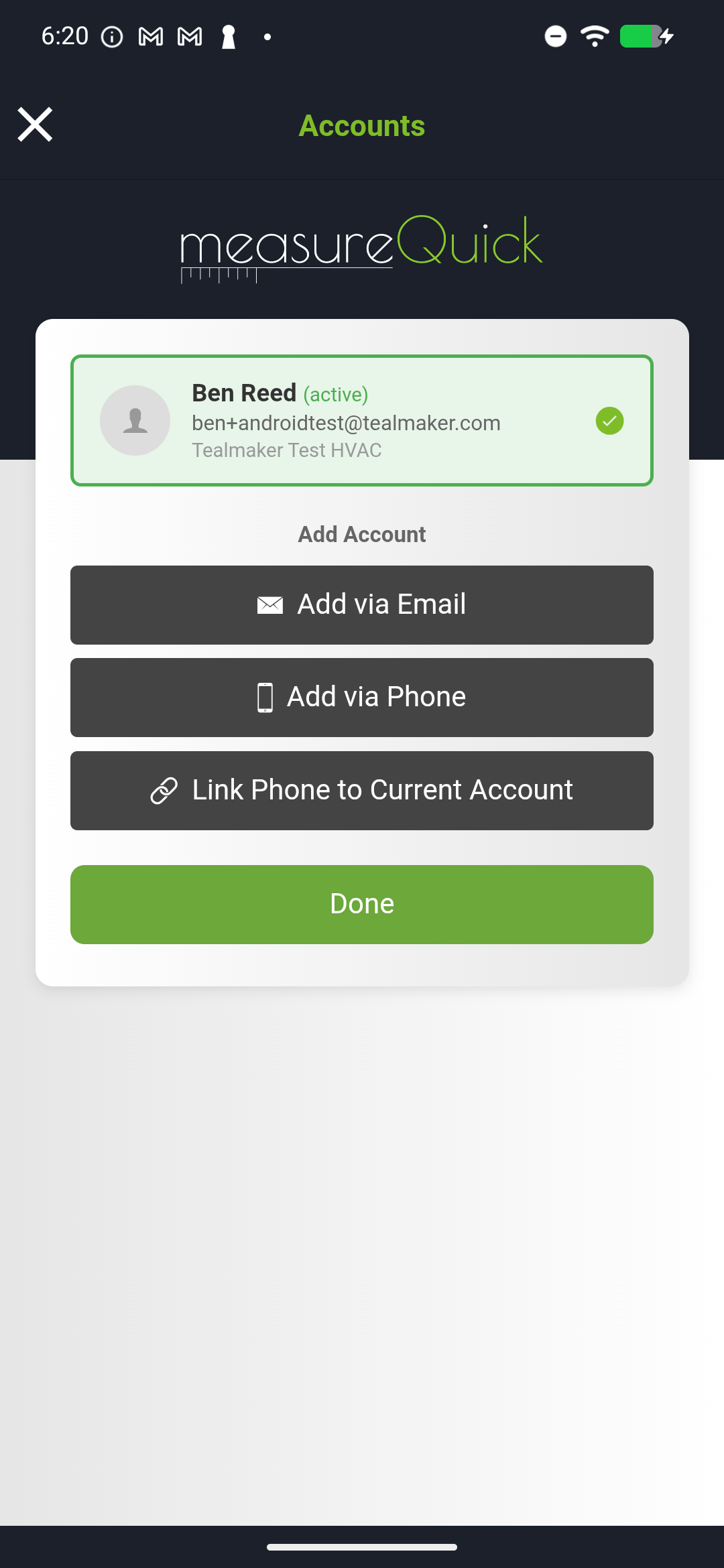 Link Account screen showing three linking options - Email, Phone Number, and Tie-Back Code