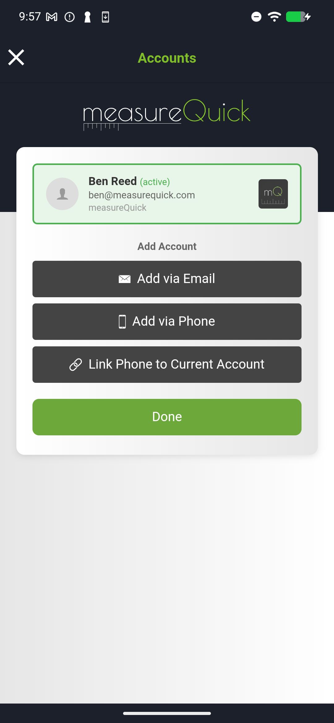 Account switcher showing linked accounts with profile info and Add Account options