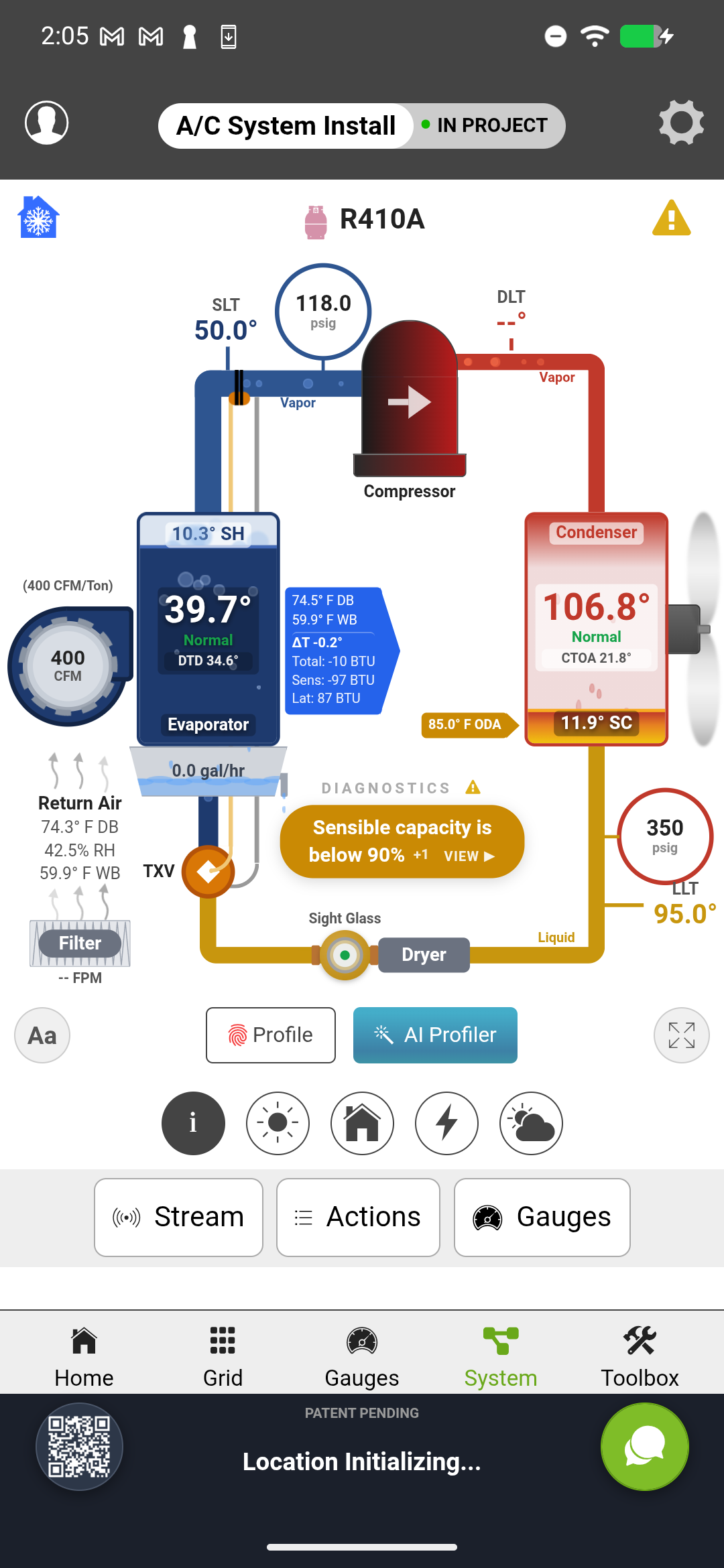 Full System View showing all components labeled - condenser at top, evaporator at bottom, compressor on the right, metering device on the left, with refrigerant lines connecting them and airflow arrows on both indoor and outdoor sections
