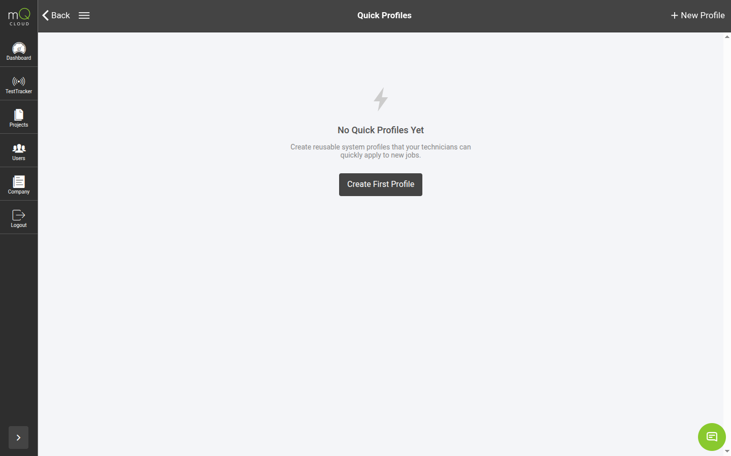 Quick Profiles page in measureQuick Cloud showing the profile list with a Create First Profile button