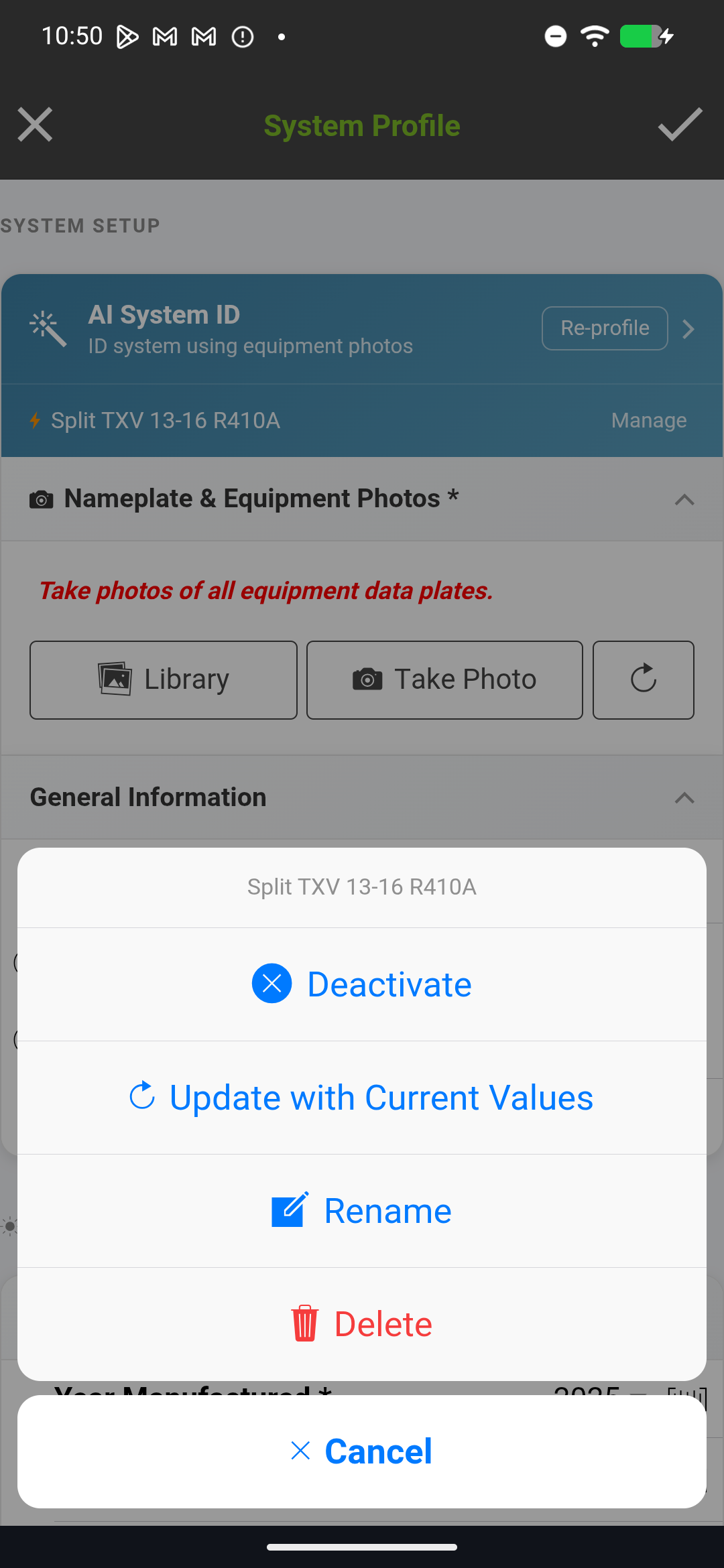 Quick Profile management dialog with Deactivate, Update, Rename, and Delete options